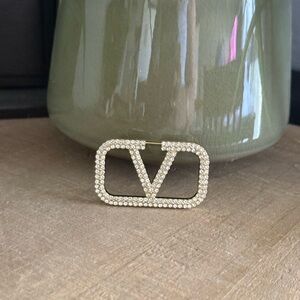 Gold Tone Crystal V Logo Style Brooch | Rhinestone Statement Pin